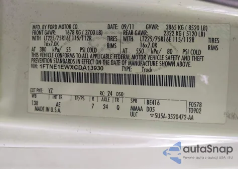 2012 Ford E-150 Commercial z USA, uszkodzony, nr VIN 1FTNE1EWXCDA13930